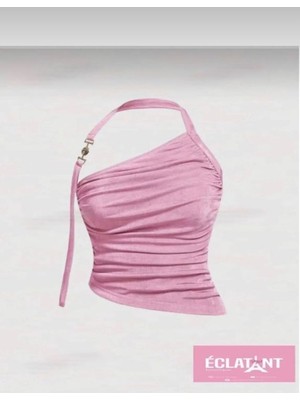 Tek Omuz Büzgülü Crop Bluz Pembe Askılı Kadın Şık Yaza Uygun Parti Üst