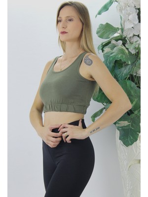 Modi Green Kadın Modern Stil Beli Lastikli Crop Haki - LKS2907.022