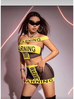 Kadın Sarı Warning Baskılı Crop Büstiyer Etek Takım File Detaylı Yazlık Kombin