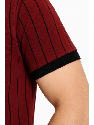 Modi Green Erkek Günlük Stil Bordo Polo Yaka Çizgili Kısa Kol Düğmeli Yazlık Tişört