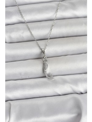 Pileli Store 316L Çelik Zincir Gümüş Renk Zirkon Taşlı Deniz Kızı Model Kadın Kolye - TJ-BKO11025