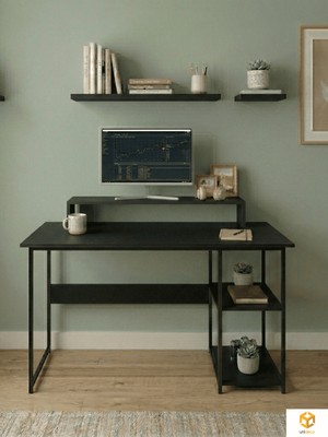 Ayz Vienna 60X120CM 2 Raflı Metal Ayak Çalışma Masası Laptop Masası Bilgisayar Masası  Siyah- Siyah