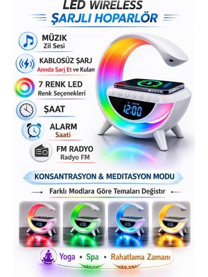 Şarjlı Hoperlör 7 LED Işıklı Bluetoothlu Fm Radyo Alarm Saat Şarj Istasyonu Ritme Göre Renk