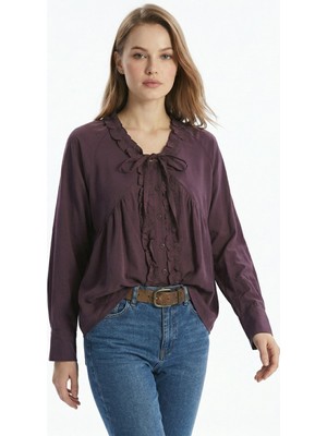 Rays Mürdüm V Yaka Fırfırlı Bağlama Detay Bluz 0108