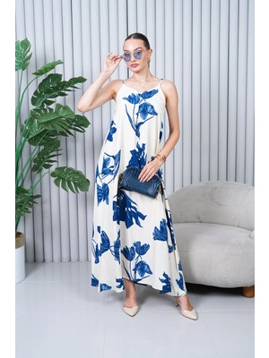 Navy Tam Boy Askılı Pileli Viskon Elbise