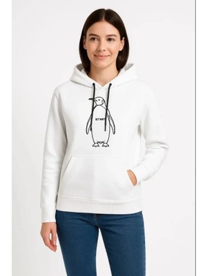 Modi Green Kadın Salaş Stil Beyaz Nihilist Penguen Özel Tasarım Oversize Kapüşonlu Sweatshirt