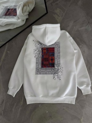 Modi Green Arka Baskılı Kadın Sokak Stili Beyaz Uzun Kol Kapüşonlu Ön ve Sweatshirt