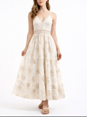 Hopeful Design Kadın Askılı Ekru V Yaka Nakış Detaylı Mezuniyet Yazlık Elbise