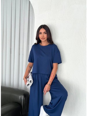 Modi Green Yumuşak Dokulu Kadın Sıcak Tutan Osy Modal Kumaş Bisiklet Yaka Tişört Bol Paça Pantalon -Saks Mavi Ikili Takım