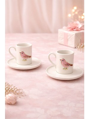 Yzhome 2 Kişilik Beyaz Porselen Pembe Kuşlu Kuş Figürlü Kahve Fincan Takımı Seti 100ML