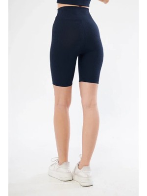 Modi Green Baskılı Kadın Rahat Kullanım Lacivert Yüksek Bel Fitilli Biker Şort
