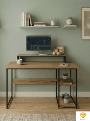 Ayz Vienna 60X120CM 2 Raflı Metal Ayak Çalışma Masası Laptop Masası Bilgisayar Masası  Siyah- Çam