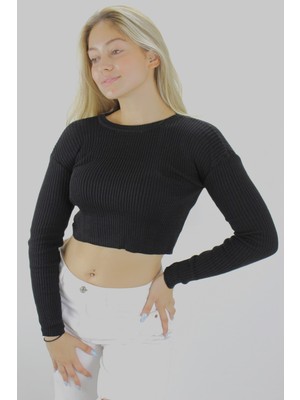 Modi Green Kadın Modern Stil Crop Triko Siyah