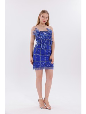 Bdm Exclusive Şifon Taş Işlemeli Çiçek Aplikli Kısa Abiye Elbise