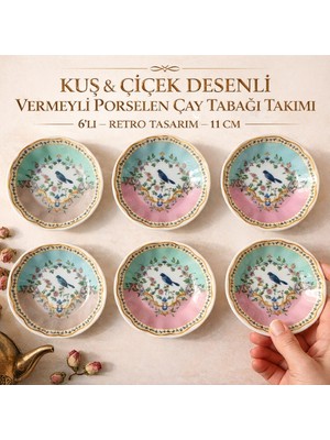 Arow Kuş & Çiçek Desenli Vermeyli Porselen Çay Tabağı Takımı – 6’lı – Retro Tasarım – 11 cm