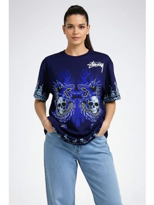 Modi Green Baskılı Kadın Günlük Stil Lacivert Lacivert Dragon - Kuru Kafa Bisiklet Yaka Tişört Oversize Tişört