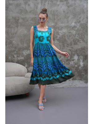 Navy Midi Boy Kare Yaka Havai Desen Kolsuz Viskon Ellbise