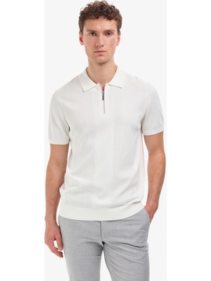 Pierre Cardin Erkek Ekru Slim Fit Polo Yaka Fermuarlı Triko Tişört 50320793-VR019