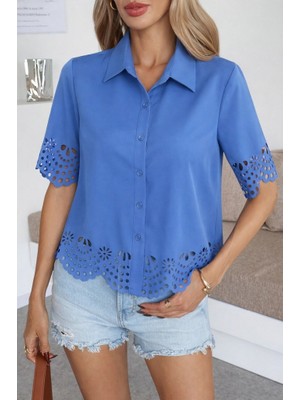 Modi Green Kadın Günlük Şıklık Kısa Kollu Yakalı Önden Düğmeli Dubai Bluz Gömlek