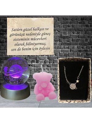 PremiumPort Renkli LED Işıklı Cam Satürn ve Pembe Ayıcık Dekor Seti, Şık ve Eğlenceli