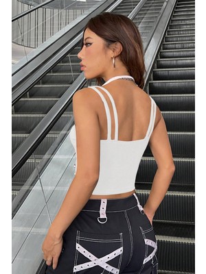 Modi Green Kadın Zarif Dokunuş Siyah Beyaz Çift Çapraz Askılı Crop Top Bluz