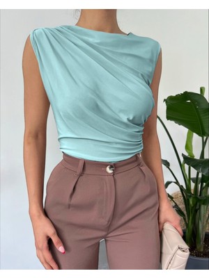 Modamorfo Bisiklet Yaka Sıfır Kol Sandy Bluz  -Mint