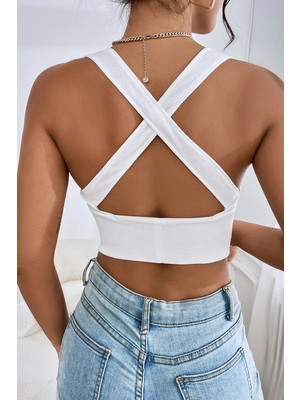 Modi Green Kadın Modern Stil Beyaz Çapraz Sırt Detaylı Şık Crop Top Büstiyer