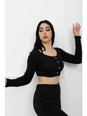 Modi Green Kadın Modern Stil Düğmeli Mini Crop Bady Siyah - P-020494
