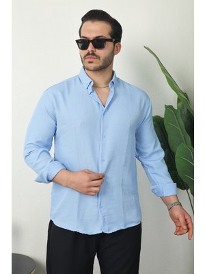 Comstar Erkek Trend Dokulu Kısa Kol Basic Mavi Keten Gömlek