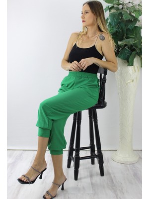Modi Green Kadın Rahat Kullanım Krinkıl Paça Pensli Yeşil Pantolon