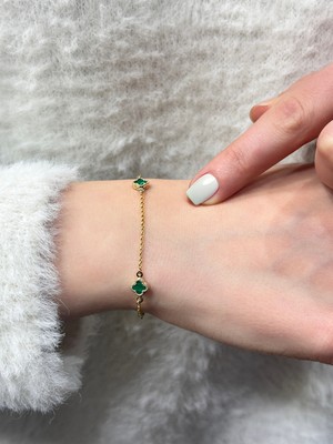 Diamine Pırlanta 14 Ayar Altın Mini Yeşil Taşlı Yonca Bileklik ( 6mm)