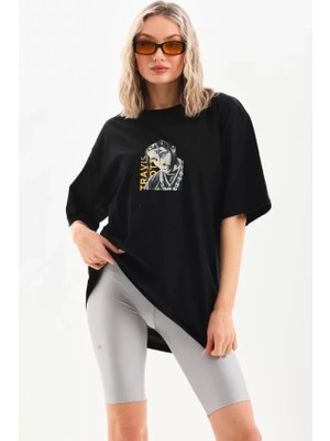 Modi Green Baskılı Unisex Günlük Stil Mistik Siyah Pamuklu Oversize Tişört