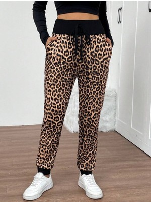 Modi Green Desenli Kadın Rahat Kullanım Yüksek Bel Bağcıklı Iki Iplik Pantolon