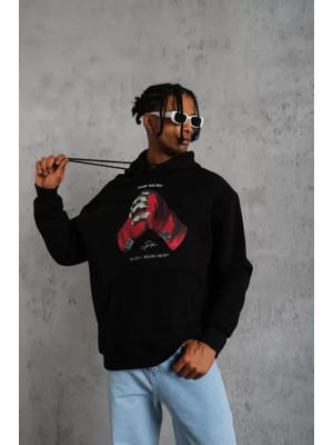 Modi Green Grafik Baskılı Erkek Günlük Stil Siyah Eldiven Figürlü Kapüşonlu Sweatshirt