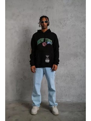 Modi Green Illüstrasyon Baskılı Erkek Günlük Stil Siyah Kapüşonlu Sweatshirt