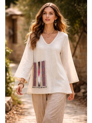 Tosbik Otantik Kişiye Özel Tasarım Uzun Kollu Şile Bezi Dokuma Detaylı El Işi V Yaka  Bluz