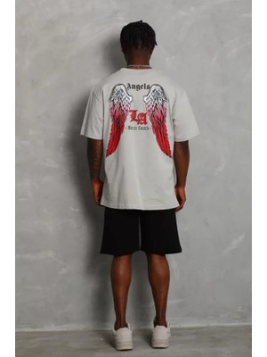 Modi Green Grafik Baskılı Unisex Salaş Stil Gri Oversize Bisiklet Yaka Tişört