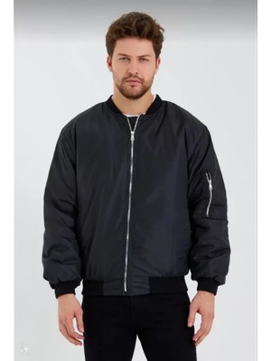 Modi Green Düz Dokulu Erkek Şehir Stili Siyah Bomber Ceket