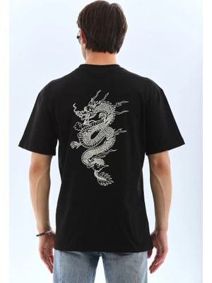 Modi Green Modern Sanat Baskılı Unisex Siyah Oversize Bisiklet Yaka Tişört