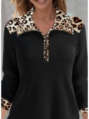 Modi Green Waffle Kadın Zarif Dokunuş Uzun Kollu Leopar Yakalı Fermuarlı Bluz
