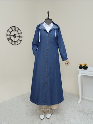 Modamorfo Boydan Düğmeli Kapşonlu Uzun Kot Kap -Indigo