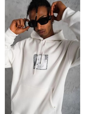 Modi Green Çift Yönlü Ön Arka Baskılı Erkek Günlük Stil Beyaz Kapüşonlu Sweatshirt