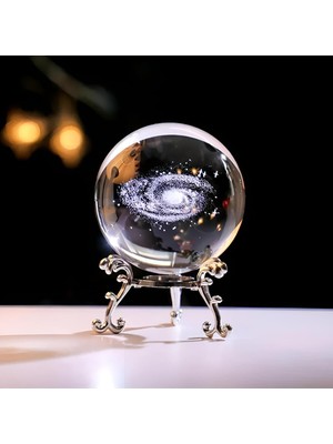 PremiumPort Toz Bulutu Kristal Cam Küre, Metalik Standlı, Galaksi ve Evren Temalı Dekorasyon