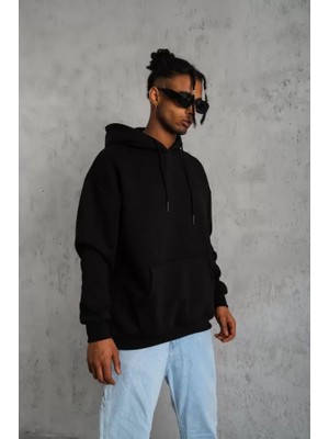 Modi Green Basic Dokulu Erkek Günlük Stil Siyah Kapüşonlu Sweatshirt