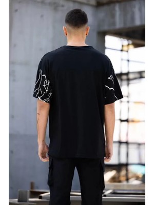 Modi Green Baskılı Unisex Günlük Stil Siyah Gece Modu Tipografi Oversize Tişört