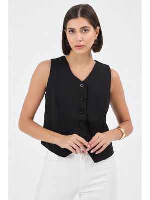 Diemmood Kadın Düğmeli Klasik Siyah Yelek