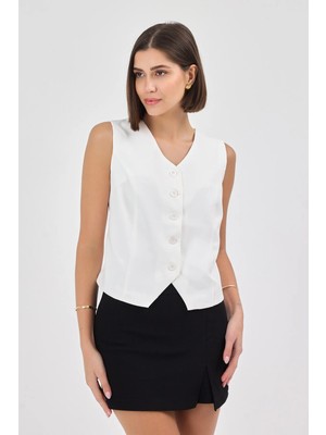 Diemmood Kadın Düğmeli Klasik Beyaz Yelek