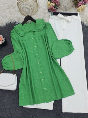 Moda Morfo Bebe Yaka Boydan Düğmeli Tunik      -A.Yeşil
