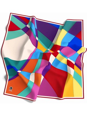Violla Kristal Geometrik Desenli Kırmızı - Turuncu Renkli 90X90 Eşarp (Ipek Içermez) Kenar Dikiş Şekli El Dikişli