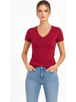 Modi Green Kadın Bordo V Yaka Slim Fit Likralı Günlük Basic Body Tişört